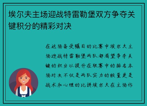 埃尔夫主场迎战特雷勒堡双方争夺关键积分的精彩对决
